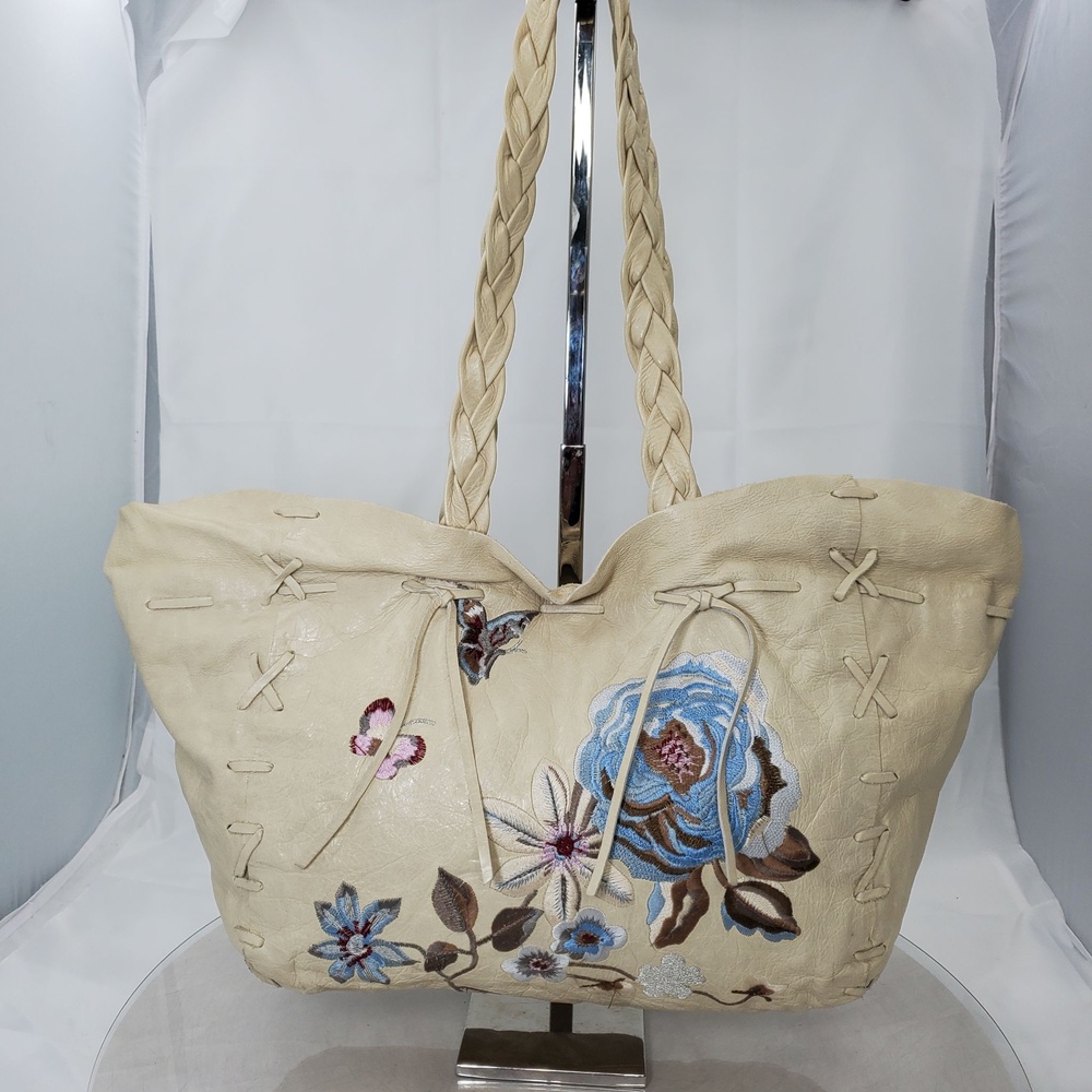 Vintage Y2K Boho Roberta Gandolfi Floral Leather Floral Tote Bag Braided Italy